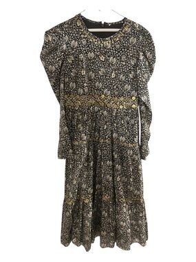 Michael Kors Black and Gold Paisley-Print Long Sleeve Tiered Midi Dress